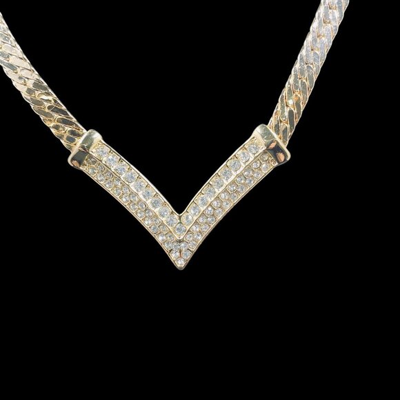 Chevron Necklace V Shaped Choker Statement Crystal Bling Iced Out Chain - Picture 2 of 8